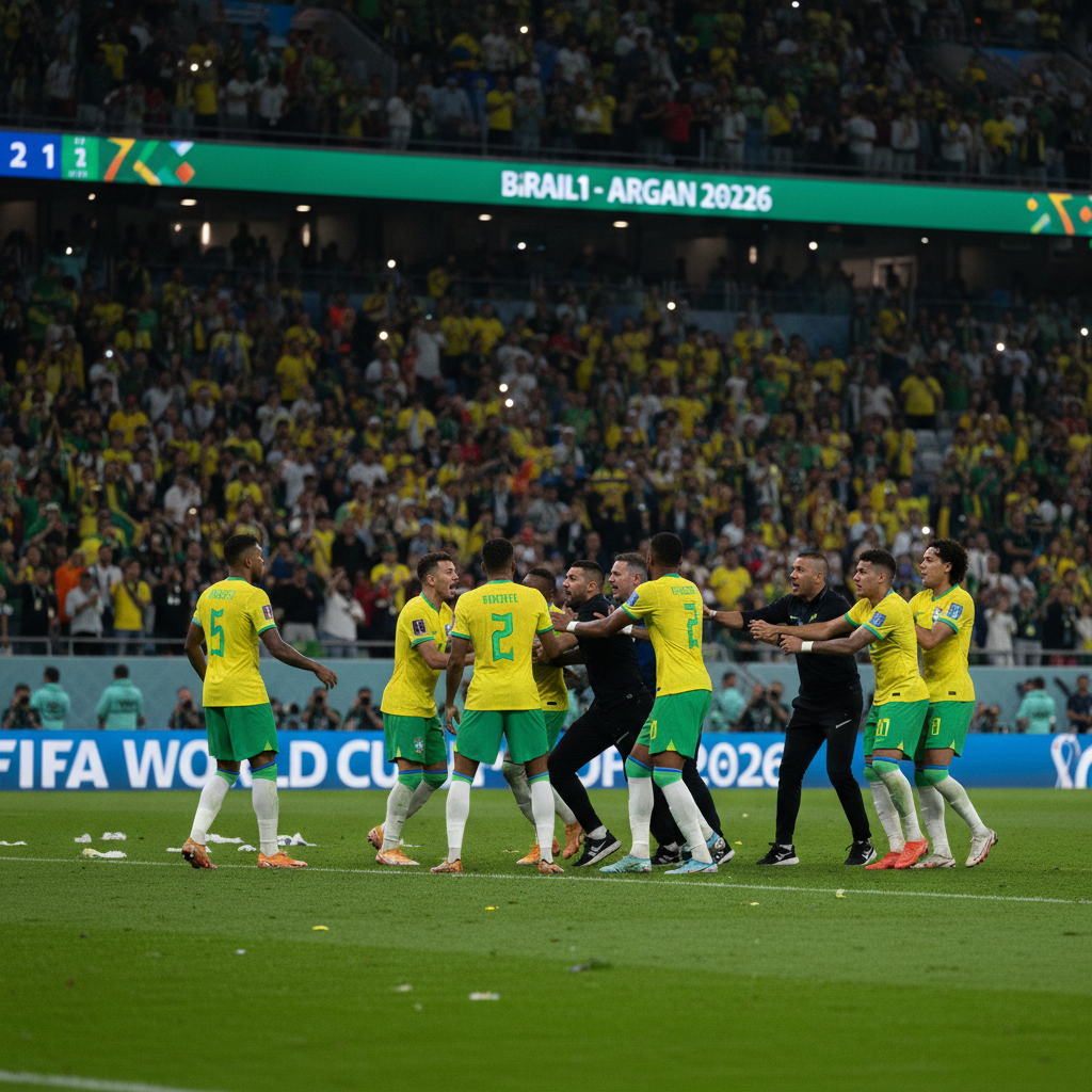 Ação de jogo no gramado da Copa do Mundo 2026 com jogadores em movimento e bola em disputa